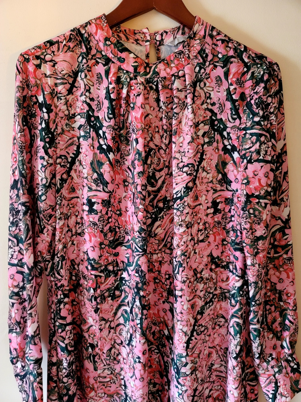 H&M Pink Floral Mock Neck, Long-Sleeve Maxi Dress with side Slit,Back key Hole
